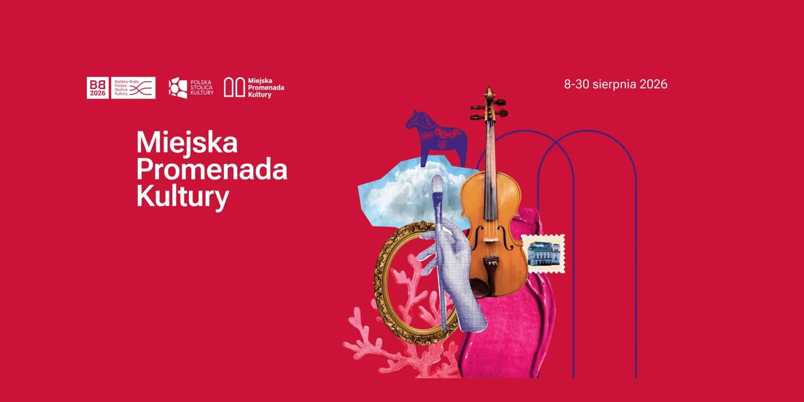 A red background with white text 'MIEJSKA PROMENADA KULTURY' on the left, and a collage of various artistic and cultural elements on the right, including a violin, a paintbrush, an ornate gold frame, coral, a horse figure, and a postage stamp.